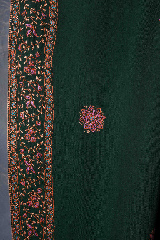 Dark Green Base Buteh Motif Border Merino wool Embroidery Shawl