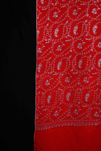 Red Jali Sozni Embroidery Merino Wool Stole