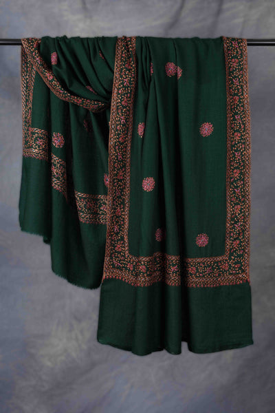 Dark Green Base Buteh Motif Border Merino wool Embroidery Shawl