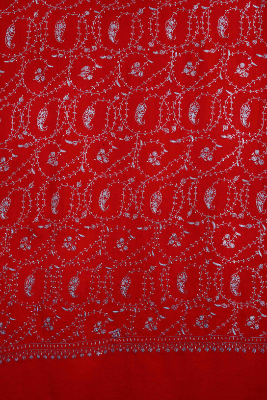 Red Jali Sozni Embroidery Merino Wool Stole