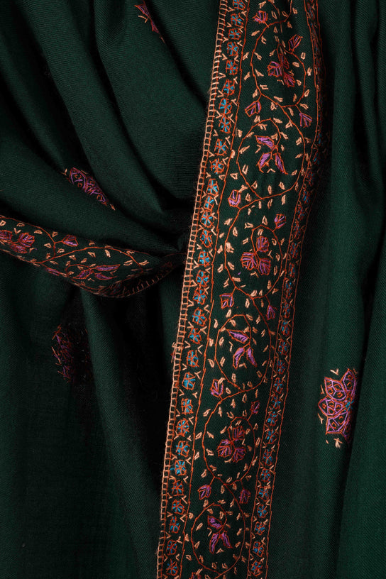 Dark Green Base Buteh Motif Border Merino wool Embroidery Shawl