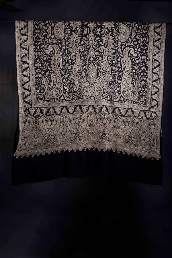 3 Yard Black Base with Tilla Embroidery Pashmina Shawl — Tilla gold embroidery pashmina shawl from Kashmir