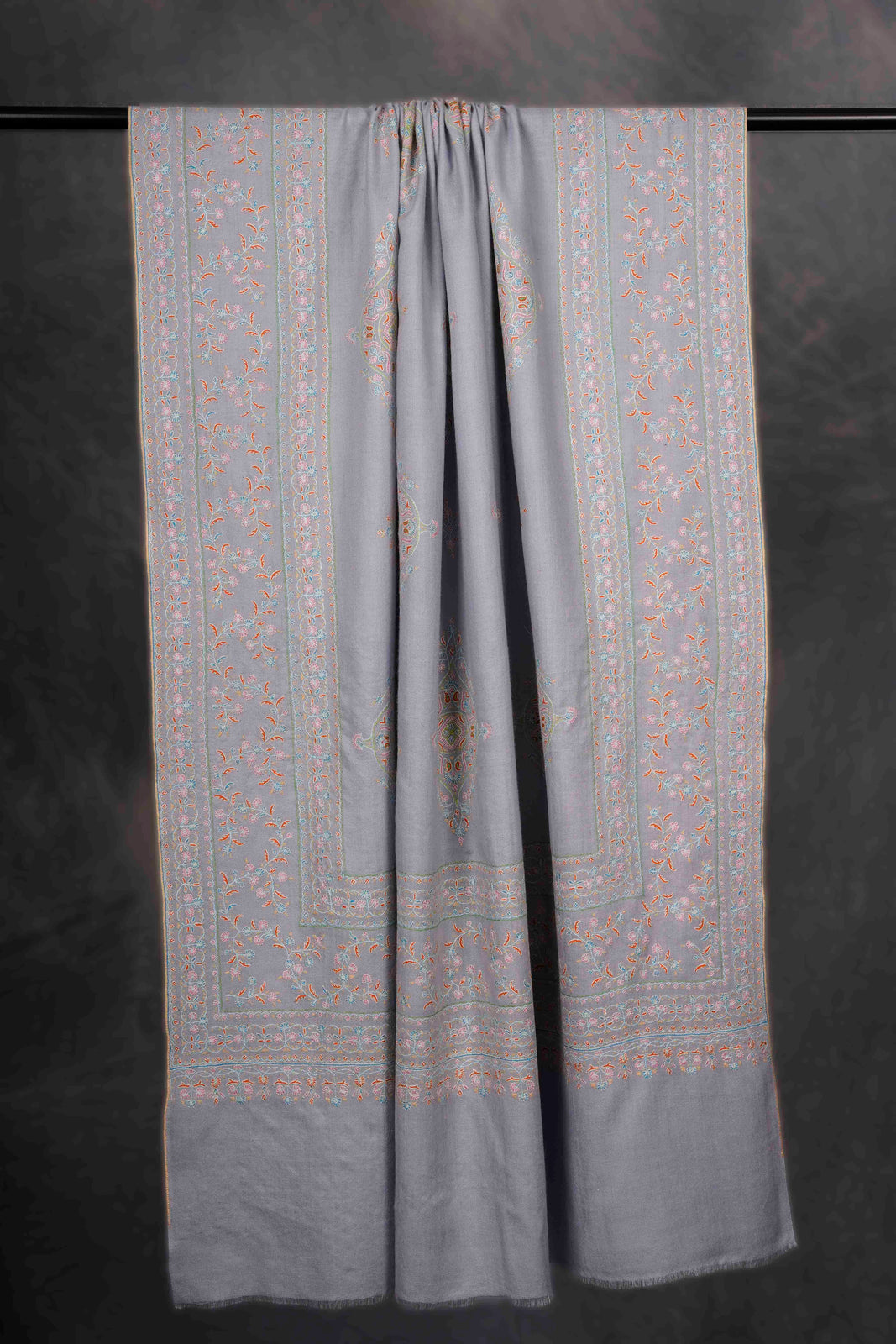 Grey Big Border and Boteh Motif Embroidery Cashmere Pashmina Shawl