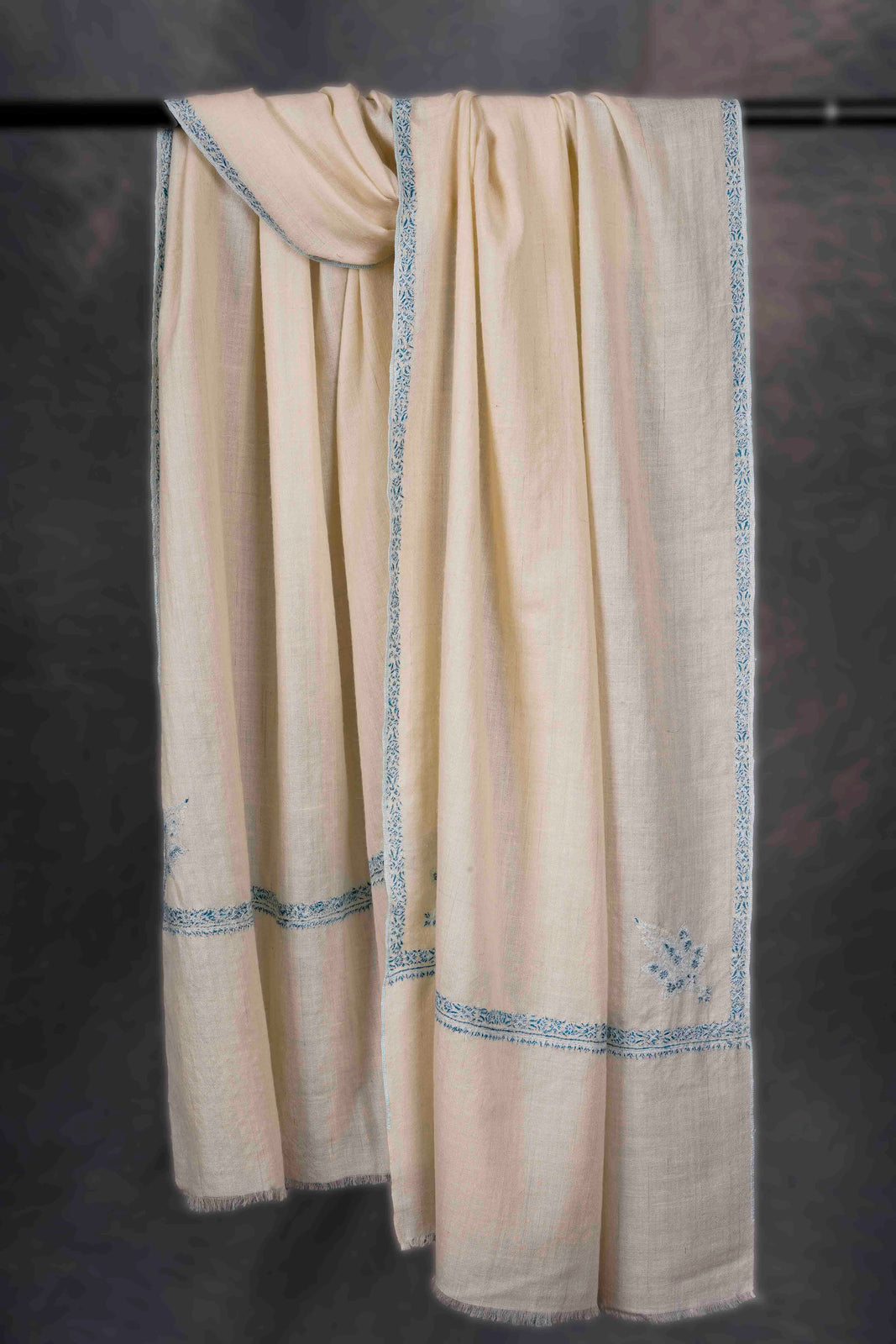 Ivory With Blue Border Embroidery Cashmere Pashmina Scarf