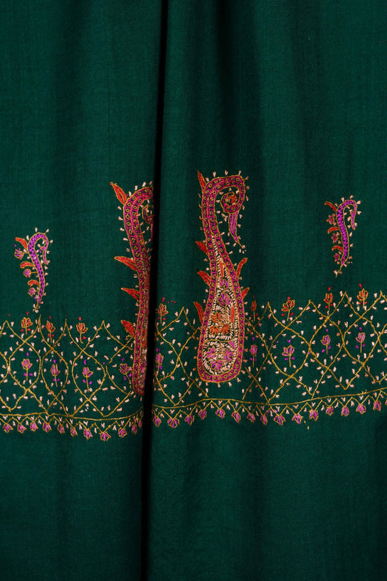 Green Big Border Sozni Embroidery Merino Wool Scarf