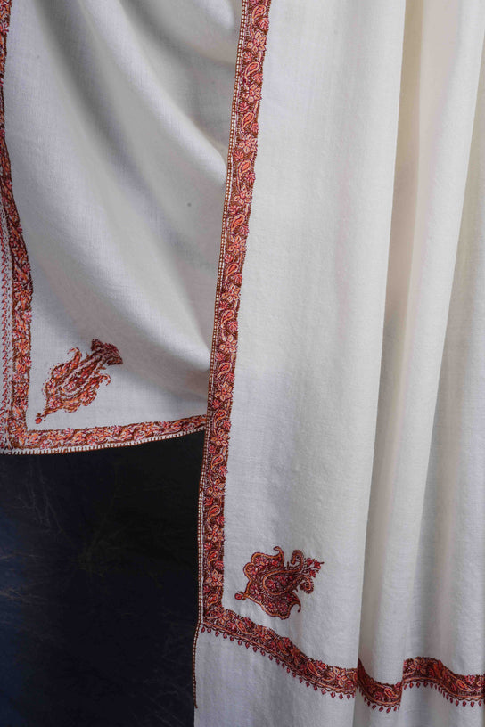 3 yard Ivory Base With Border Embroidery Merino Shawl