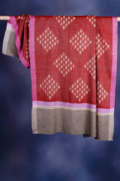 Brick Red Base reversible Buteh-dar Embroidery Pashmina Cashmere Shawl