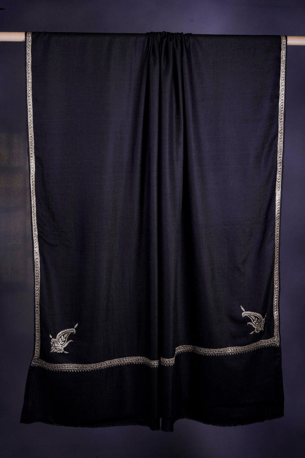 3 yard Black  Base With small border Tilla Embroidery Pashmina Shawl — Tilla gold embroidery pashmina shawl from Kashmir
