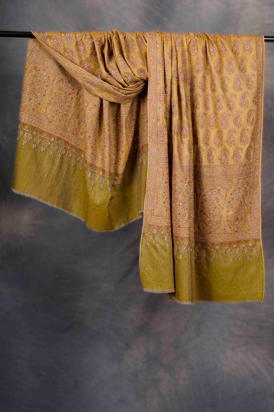 Mustard Boteh-Dar & Border Embroidery Cashmere Pashmina Shawl