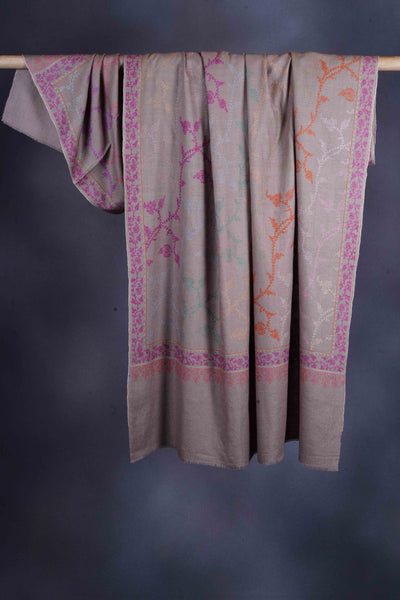 Un Dyed Taupe Jali Embroidery Pashmina Cashmere Shawl