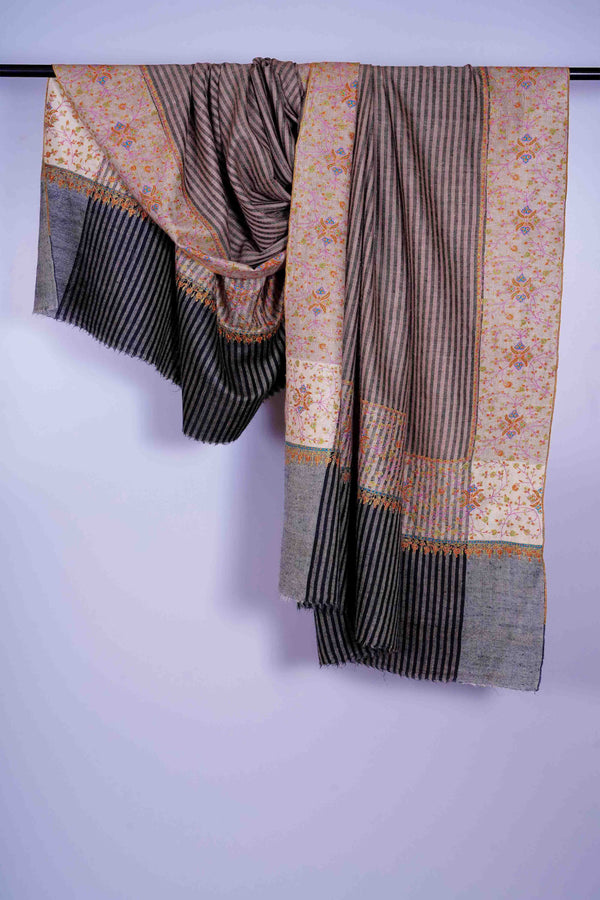 Natural & Black Stripe Border Embroidery Cashmere Pashmina Shawl