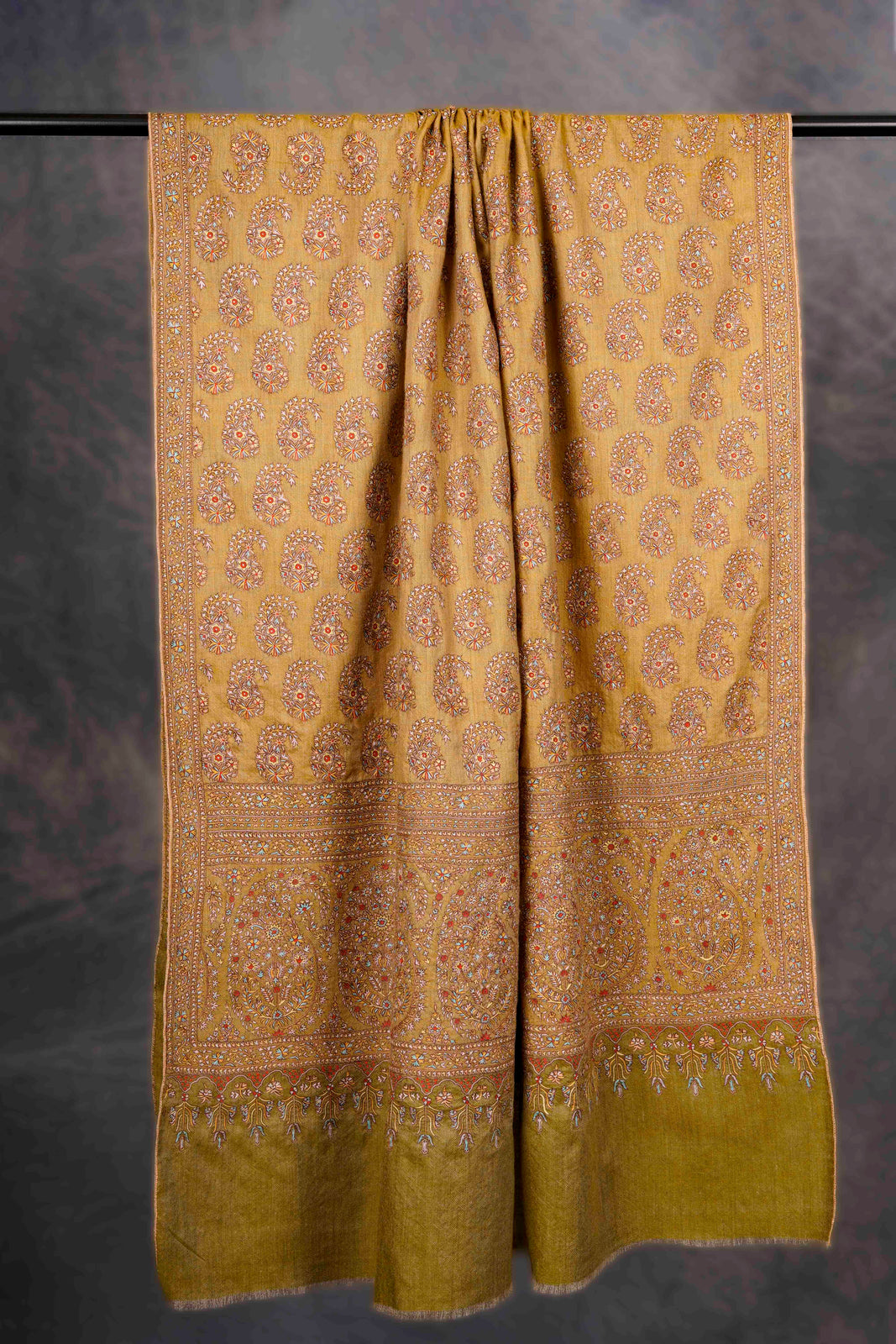 Mustard Boteh-Dar & Border Embroidery Cashmere Pashmina Shawl