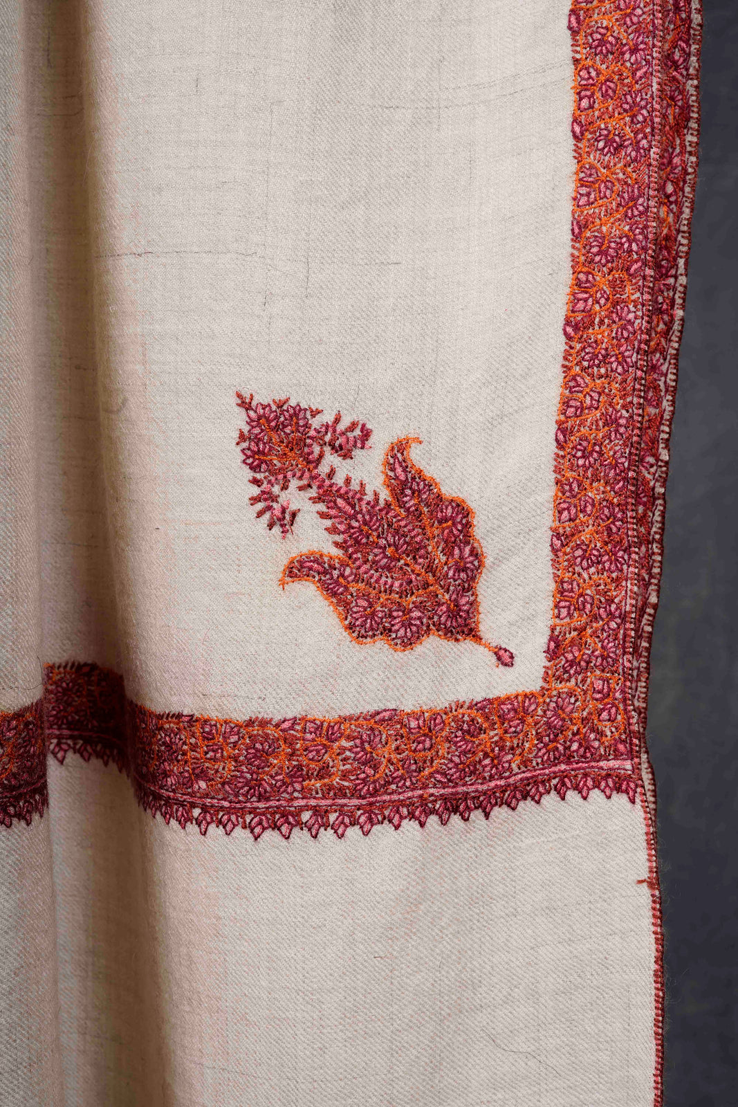 Ivory Base With Maroon Border Embroidery Cashmere Pashmina Shawl