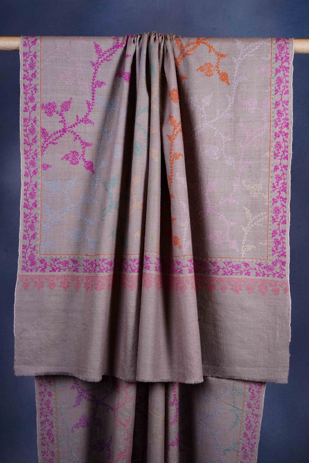 Un Dyed Taupe Jali Embroidery Pashmina Cashmere Shawl