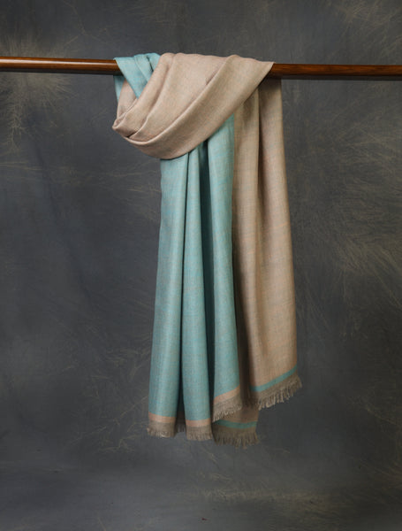 Aqua Blue And Light Peach Reversible Handwoven Cashmere Pashmina Shawl