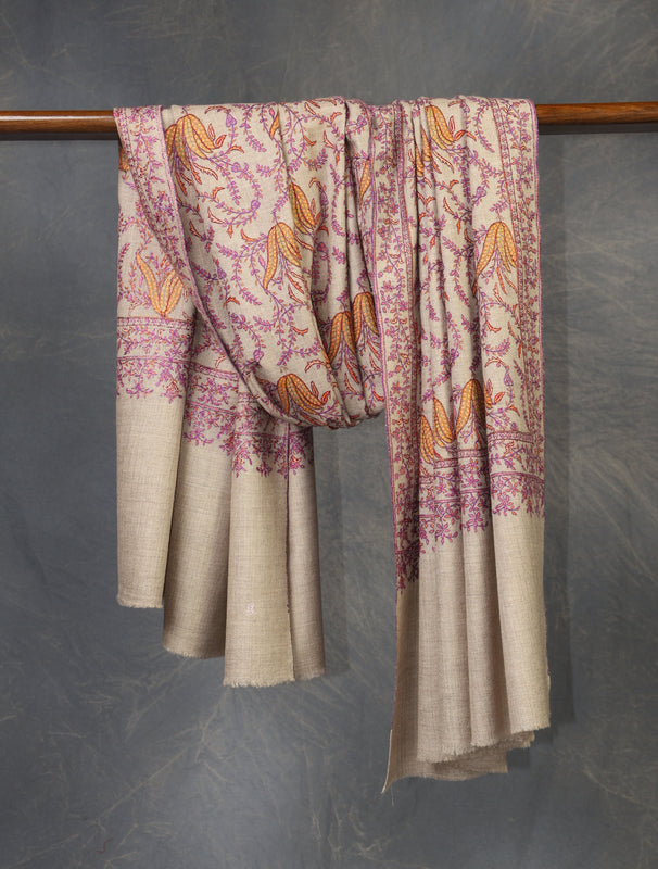 Natural Jali Embroidery Cashmere Pashmina Shawl