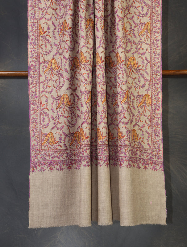 Natural Jali Embroidery Cashmere Pashmina Shawl