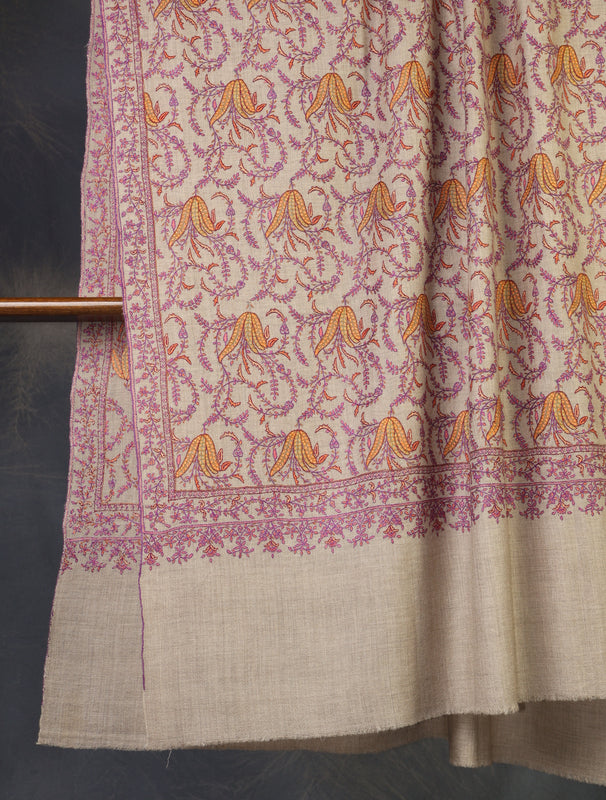 Natural Jali Embroidery Cashmere Pashmina Shawl