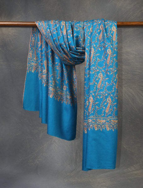 Dodger Blue Jali Embroidery Cashmere Pashmina Shawl