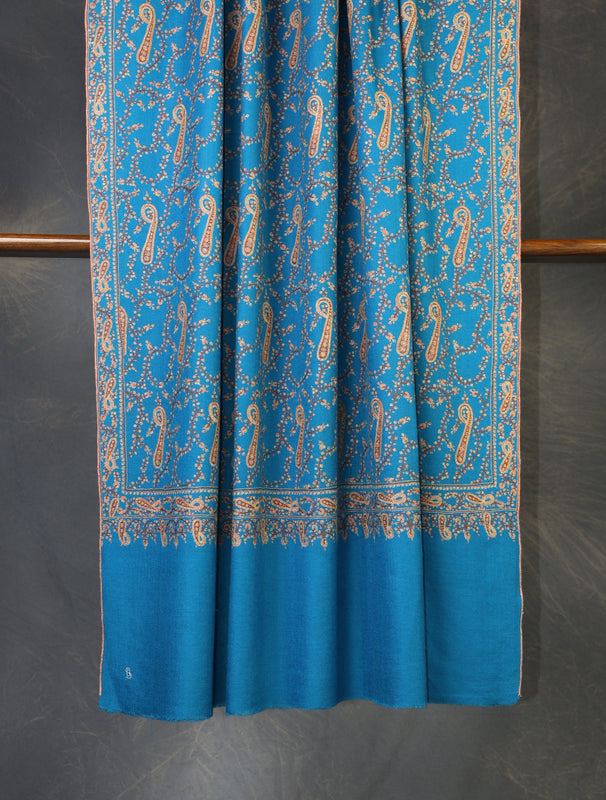 Dodger Blue Jali Embroidery Cashmere Pashmina Shawl