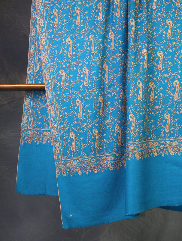 Dodger Blue Jali Embroidery Cashmere Pashmina Shawl