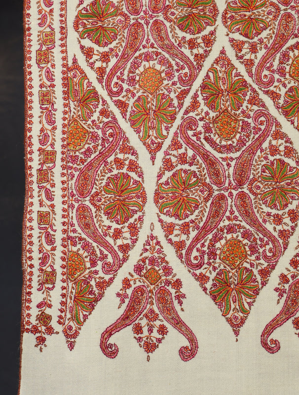 Ivory Jamawar Embroidery Cashmere Pashmina Shawl