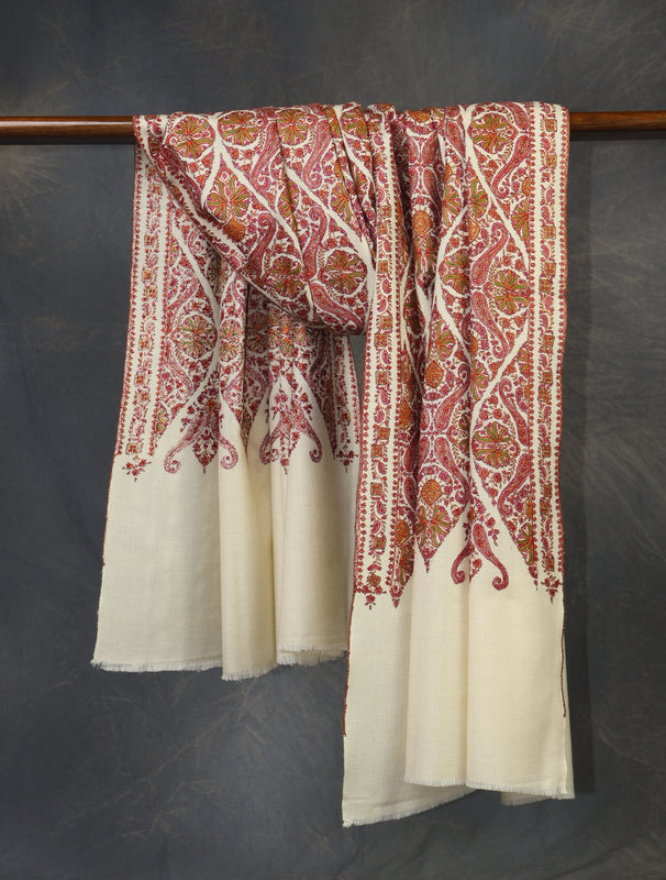Ivory Jamawar Embroidery Cashmere Pashmina Shawl