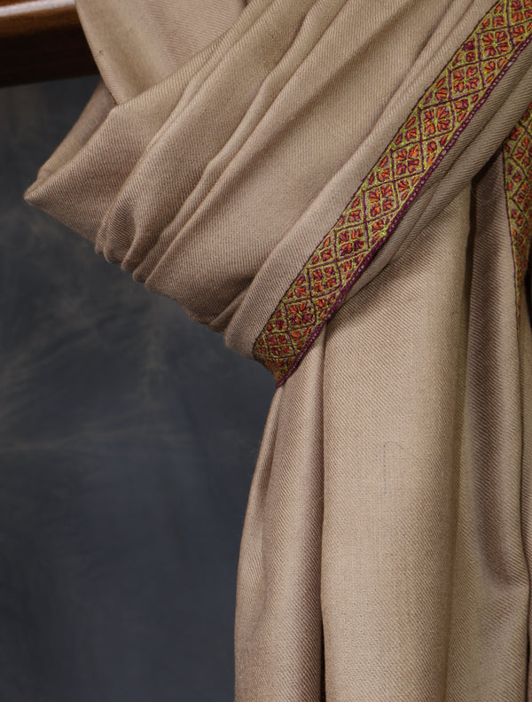 Beige Base Border Embroidery Cashmere Pashmina Shawl – detail view