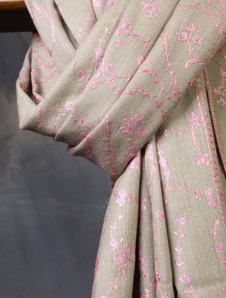 Beige Base Pink Jali Sozni Merino Embroidery Shawl