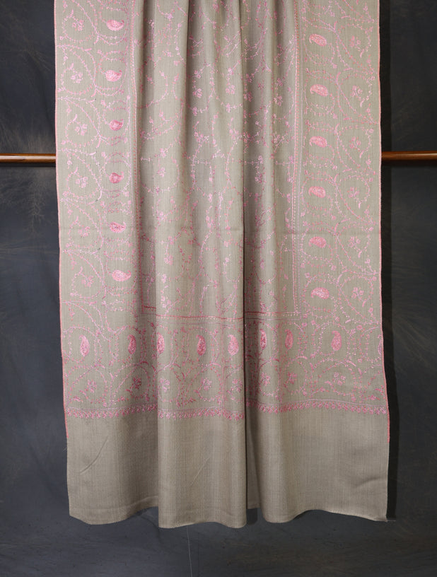 Beige Base Pink Jali Sozni Merino Embroidery Shawl