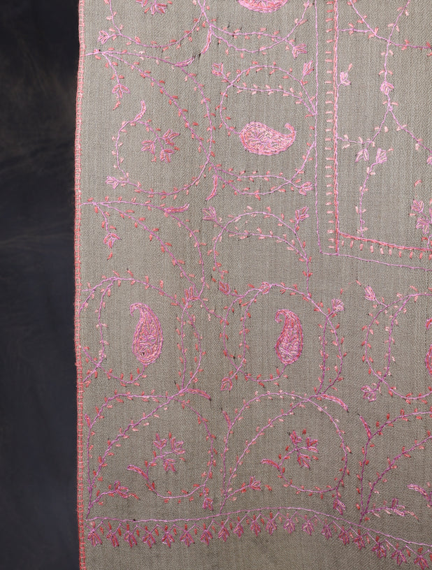 Beige Base Pink Jali Sozni Merino Embroidery Shawl