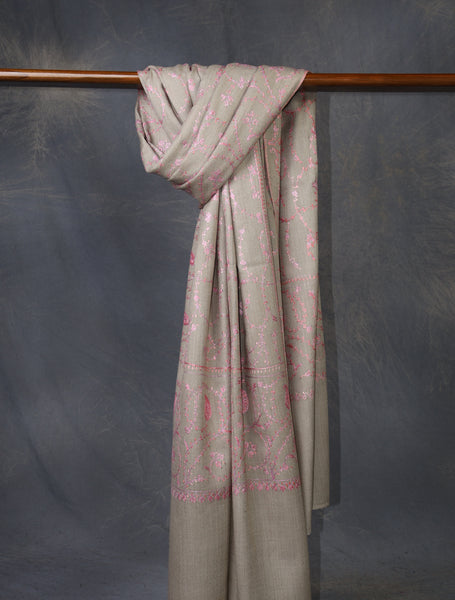 Beige Base Pink Jali Sozni Merino Embroidery Shawl