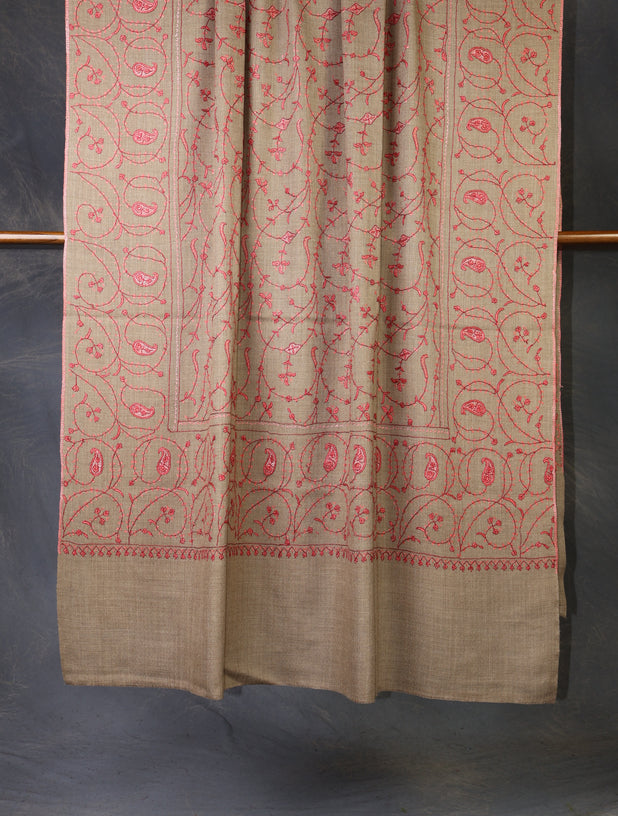 Beige Base Red jali sozni merino embroidery shawl