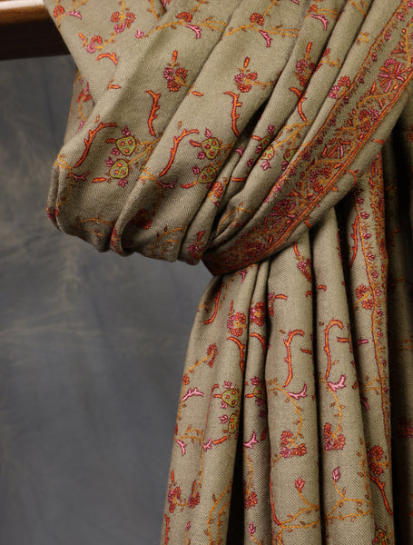 Beige Jali Embroidery Cashmere Pashmina Shawl