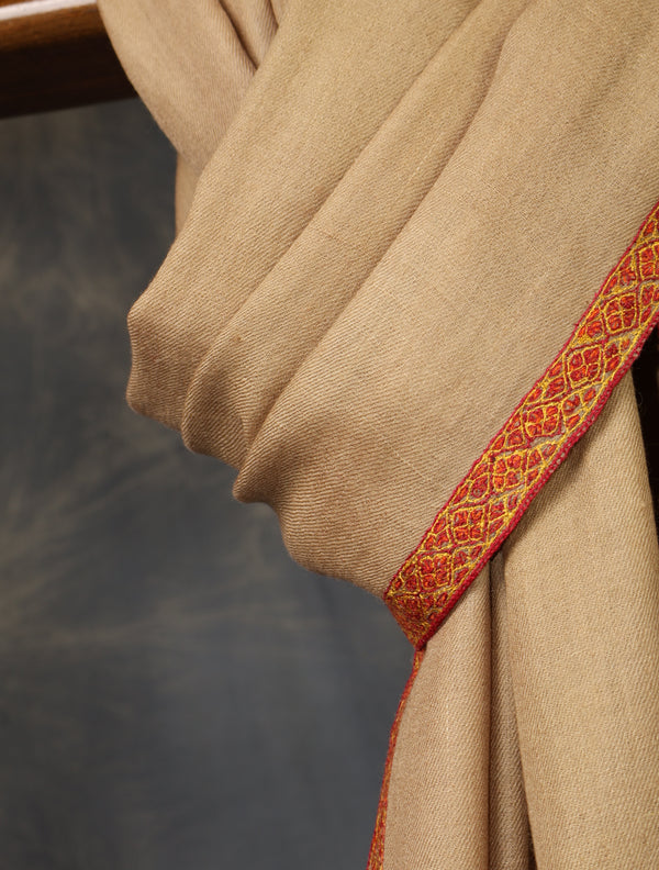 Beige colour with Small Border Embroidery Cashmere Pashmina Scarf – detail view