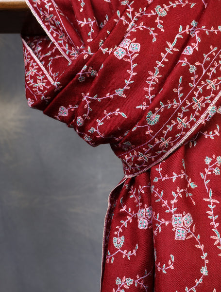Black And Red Jali Embroidery Cashmere Pashmina Shawl