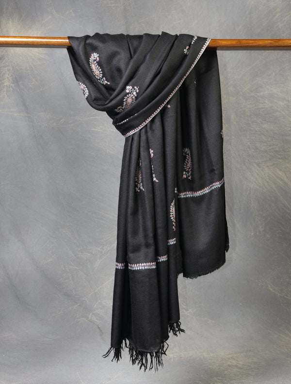 Black Base Buteh-dar Embroidery Pashmina Cashmere Shawl — Jali openwork embroidery pashmina shawl from Srinagar