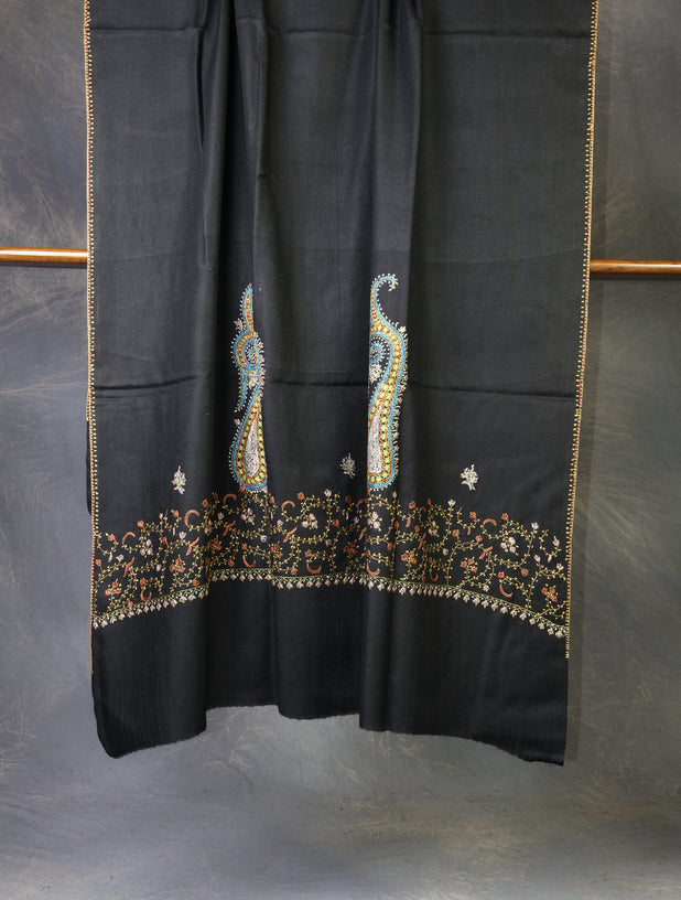 Black Base With Big Border Embroidery Merino Shawl