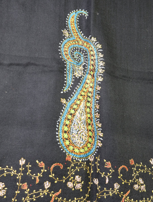 Black Base With Big Border Embroidery Merino Shawl
