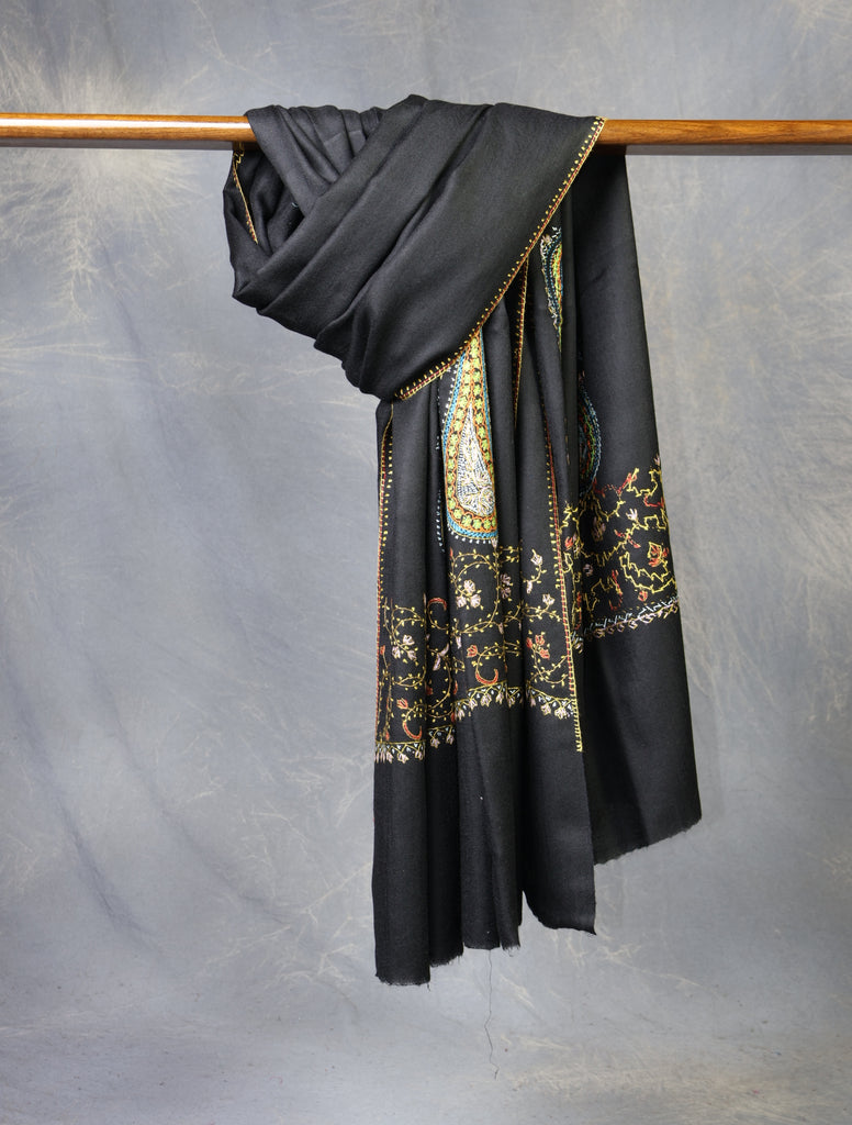 Black Base With Big Border Embroidery Merino Shawl