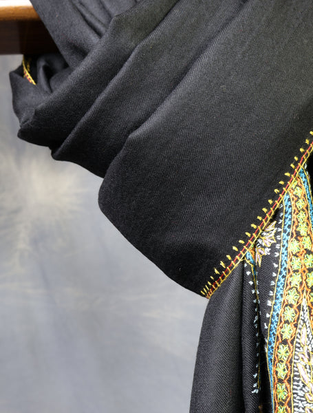 Black Base With Big Border Embroidery Merino Shawl