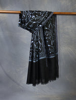 Black Base With Blue Jali Embroidery Pashmina Cashmere Scarf
