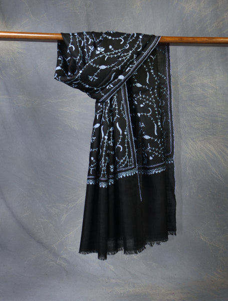 Black Base With Blue Jali Embroidery Pashmina Cashmere Scarf