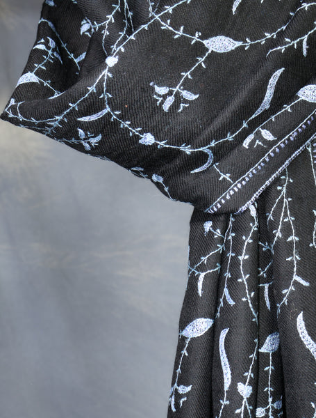 Black Base With Blue Jali Embroidery Pashmina Cashmere Scarf