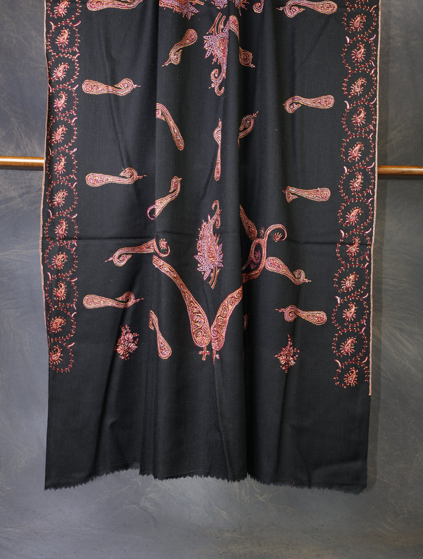 Black Base With Maroon Tone Paisley And Border Embroidery Merino Shawl