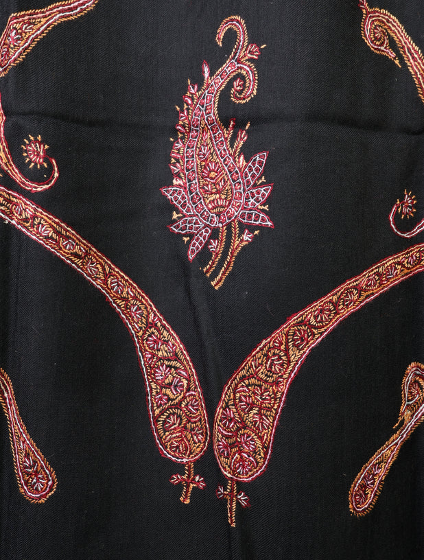 Black Base With Maroon Tone Paisley And Border Embroidery Merino Shawl