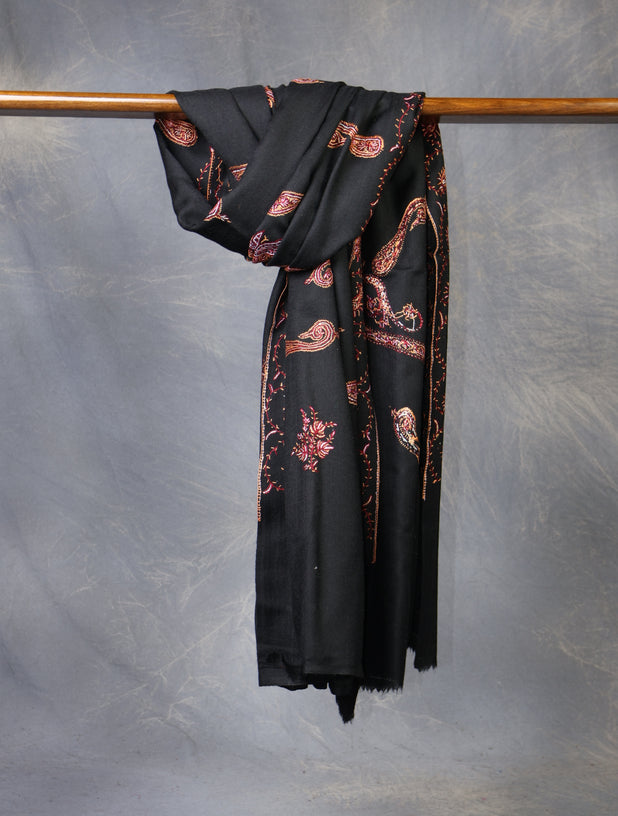 Black Base With Maroon Tone Paisley And Border Embroidery Merino Shawl