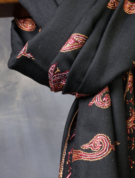 Black Base With Maroon Tone Paisley And Border Embroidery Merino Shawl