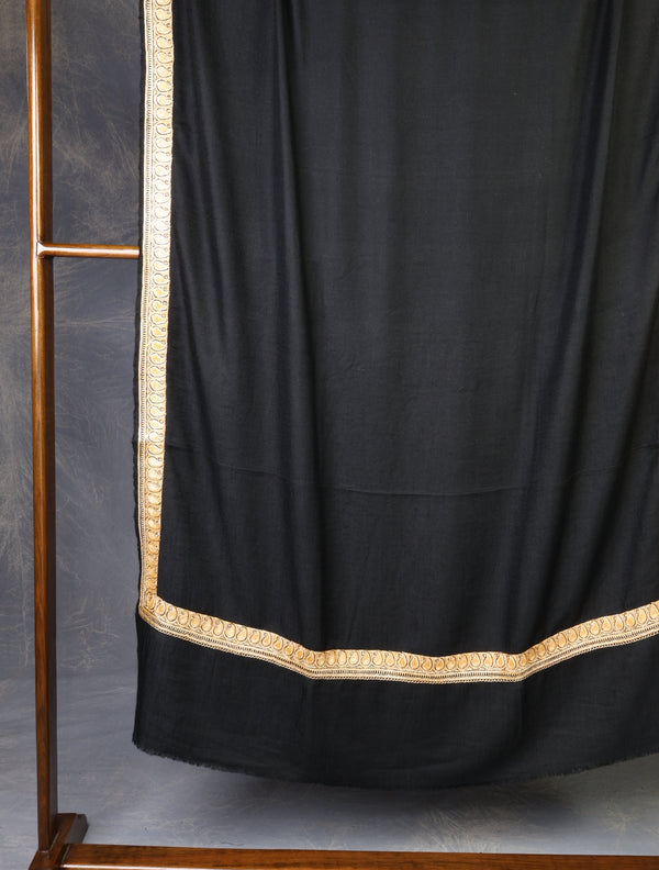 Black Base With Tilla Small Border Embroidery Pashmina Shawl — pashmina shawl detail