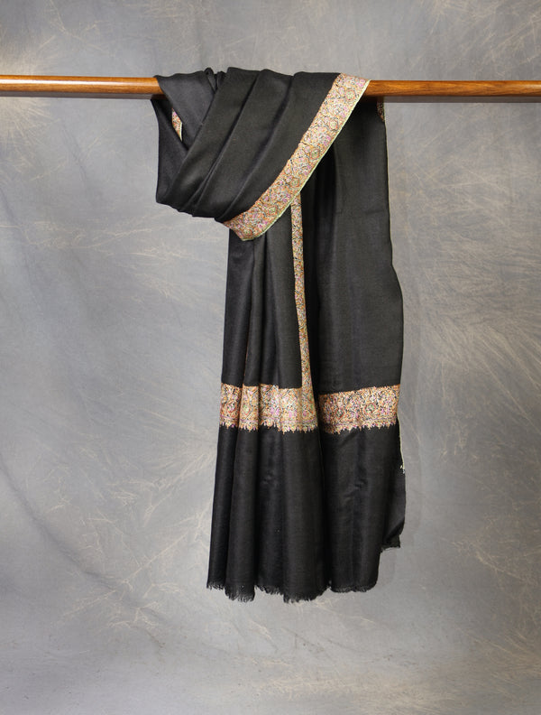 Black Base Big Border Embroidery Cashmere Pashmina Shawl — Sozni border embroidery pashmina shawl from Kashmir